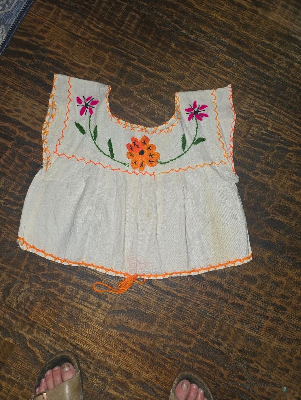 Embroidered White Cotton Peasant Top with Orange Trim